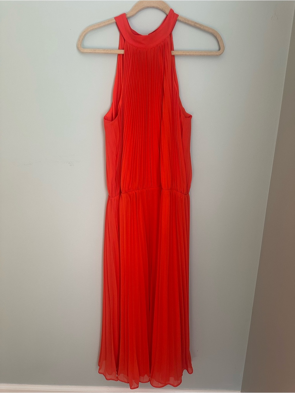 Boston Proper Vibrant Orange/Red Pleated Halter Maxi Dress